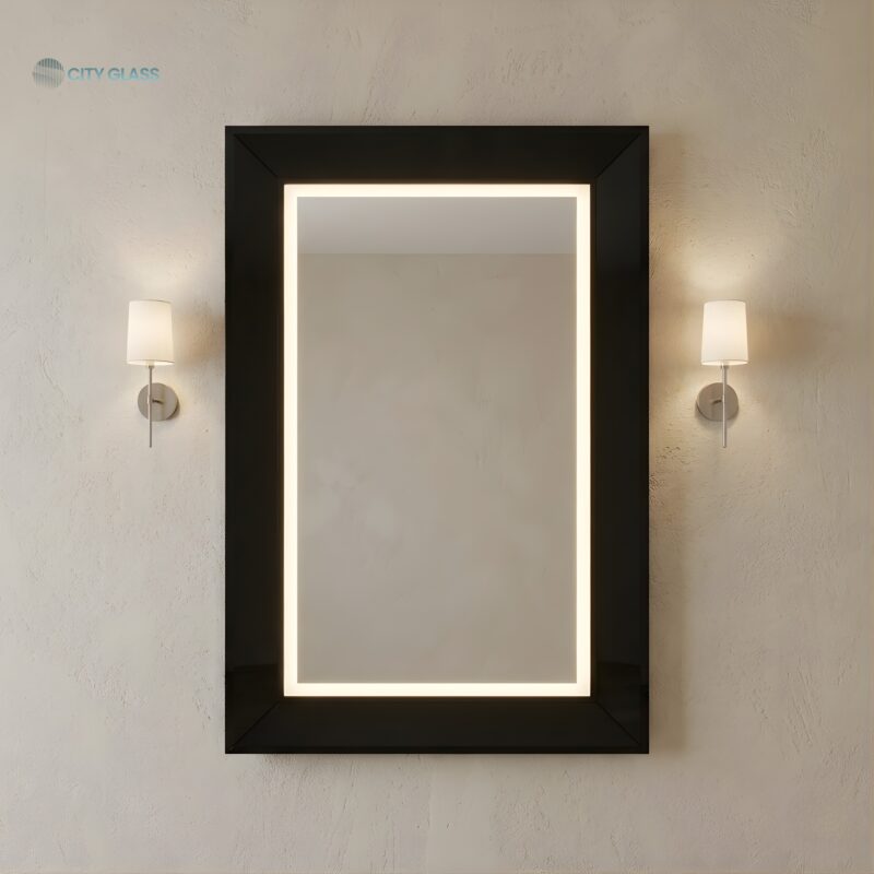 مراية LED بإطار خشبي مغلف بزجاج فاميه