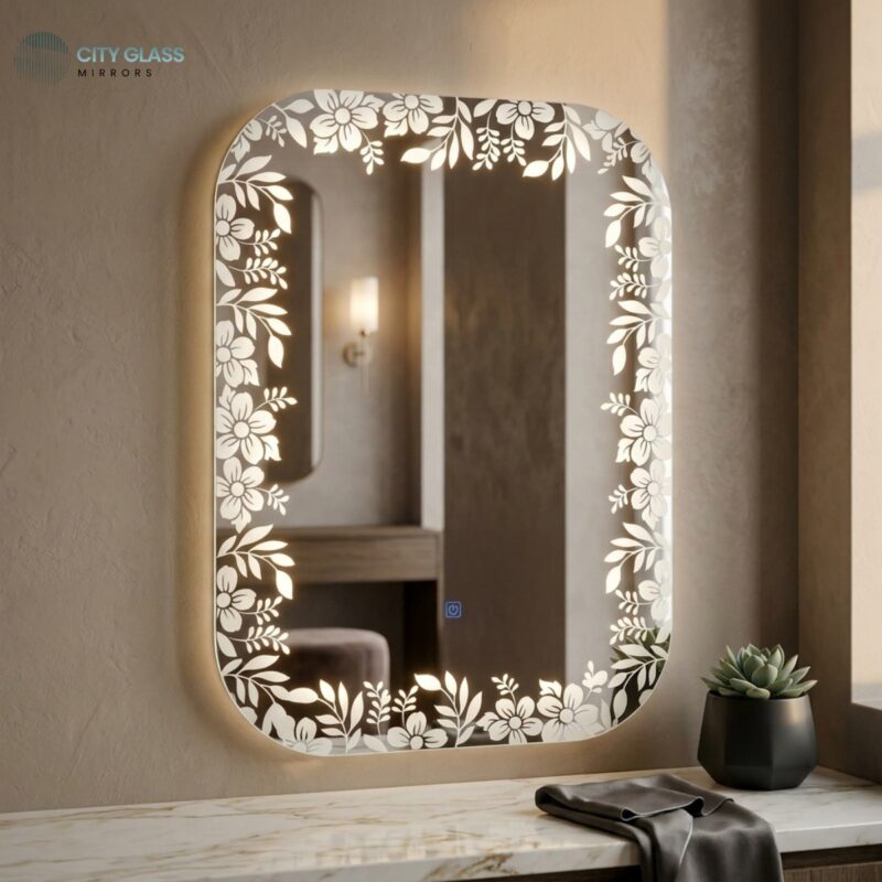 مراية LED فرنسية ببرواز حفر رملي مضيء (60×80 سم) - فخامة تدوم