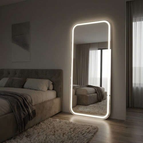 🪞 مراية طولية LED تاتش (180×70 سم) - تصميم حفر رمل خطين