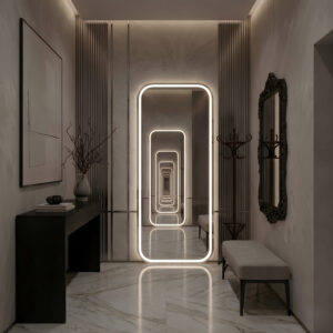 🪞 مراية طولية LED تاتش (180×70 سم) - تصميم حفر رمل خطين