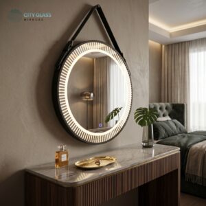 مراية دائرية LED برواز ألومنيوم بحزام تعليق (70 سم)
