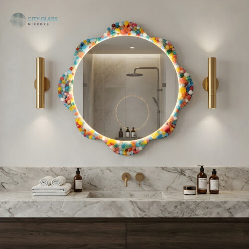 مراية دائرية LED بأحجار إيبوكسي ملونة (زجاج جريش 70×70)