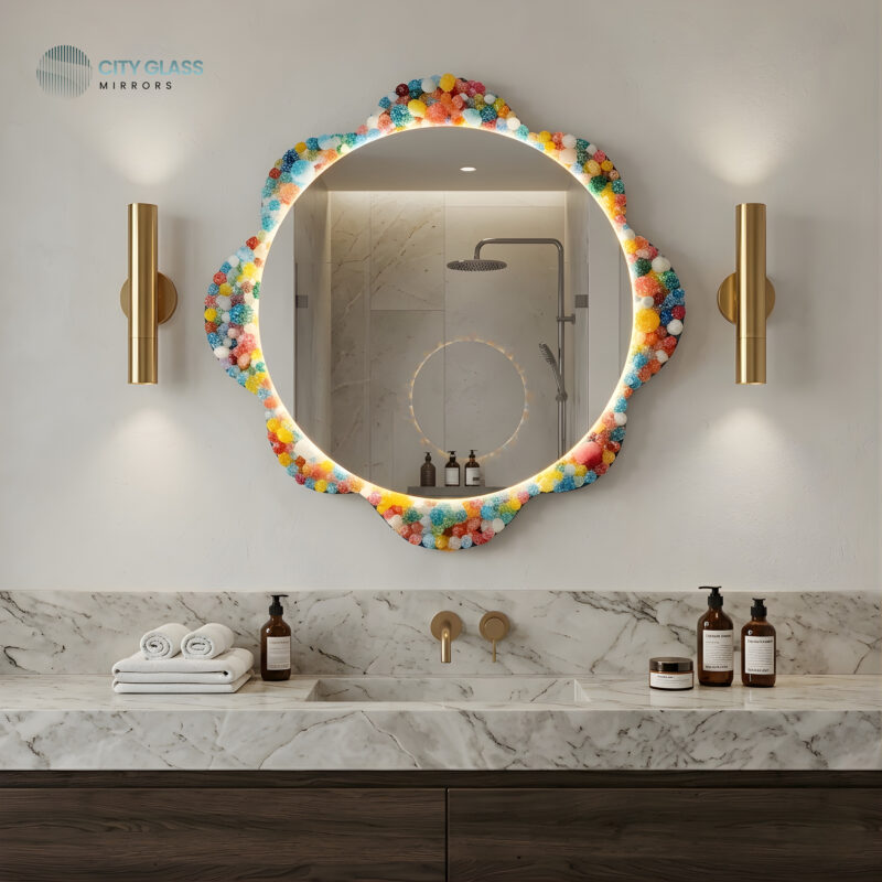 مراية دائرية LED بأحجار إيبوكسي ملونة (زجاج جريش 70×70)