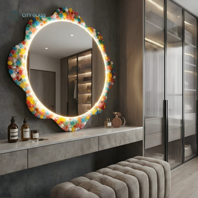 مراية دائرية LED بأحجار إيبوكسي ملونة (زجاج جريش 70×70)
