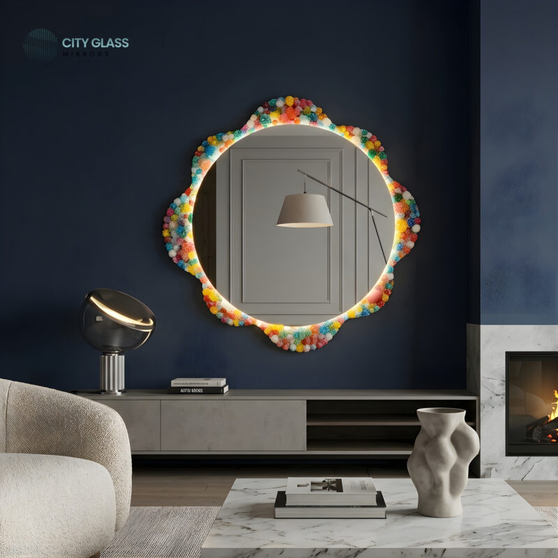 مراية دائرية LED بأحجار إيبوكسي ملونة (زجاج جريش 70×70)
