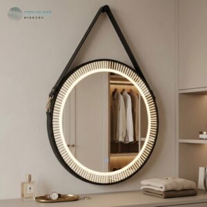 مراية دائرية LED برواز ألومنيوم بحزام تعليق (70 سم)