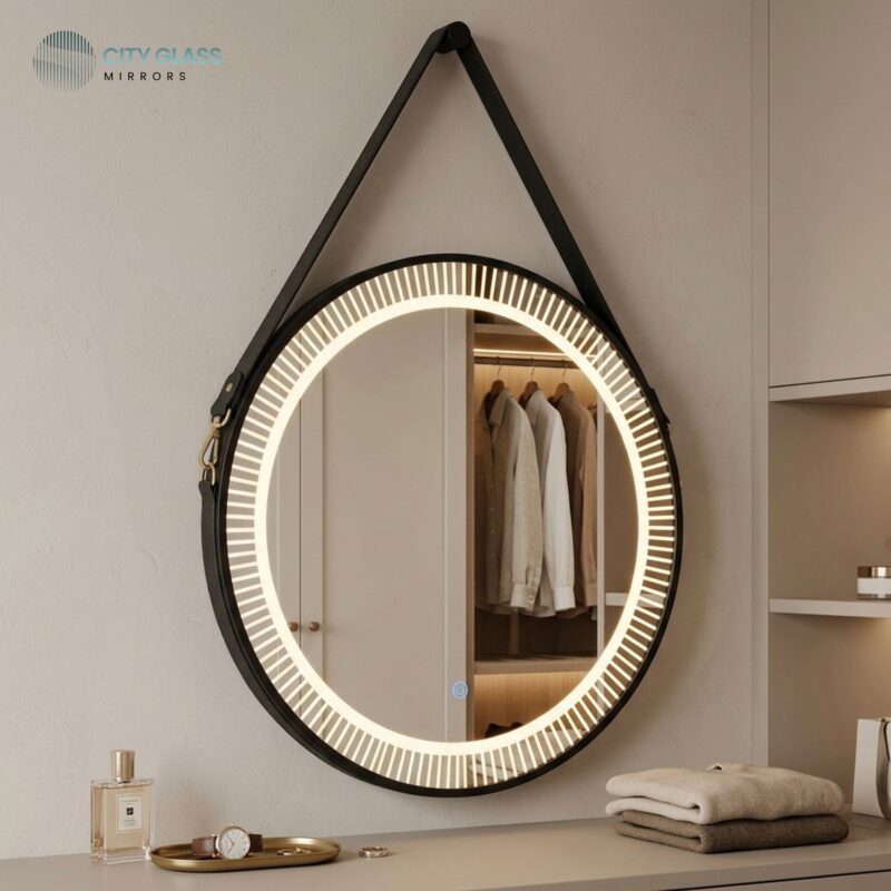 مراية دائرية LED برواز ألومنيوم بحزام تعليق (70 سم)